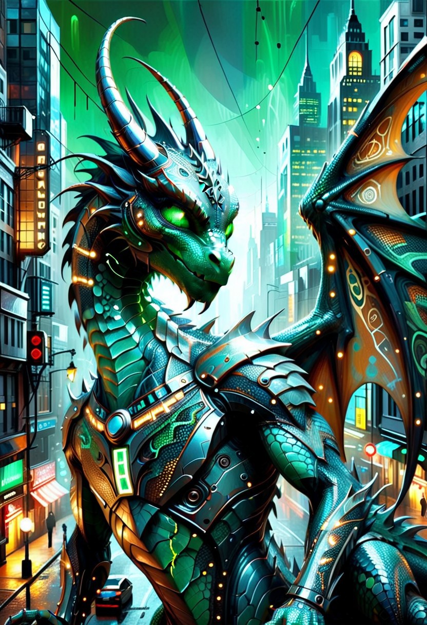 In the center of an urban geometry high fashion photograph stands a strikingly unique alien-esque dragon. This digital painting showcases the dragon's metallic silver scales reflecting the city lights, intricate circuit-like patterns etched into its sleek body, and piercing emerald eyes that seem to glow with otherworldly energy. The composition is mesmerizing, with a seamless blend of futuristic and organic elements creating a visual masterpiece that exudes elegance and mystery.