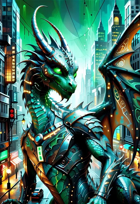 In the center of an urban geometry high fashion photograph stands a strikingly unique alien-esque dragon. This digital painting showcases the dragon's metallic silver scales reflecting the city lights, intricate circuit-like patterns etched into its sleek body, and piercing emerald eyes that seem to glow with otherworldly energy. The composition is mesmerizing, with a seamless blend of futuristic and organic elements creating a visual masterpiece that exudes elegance and mystery.