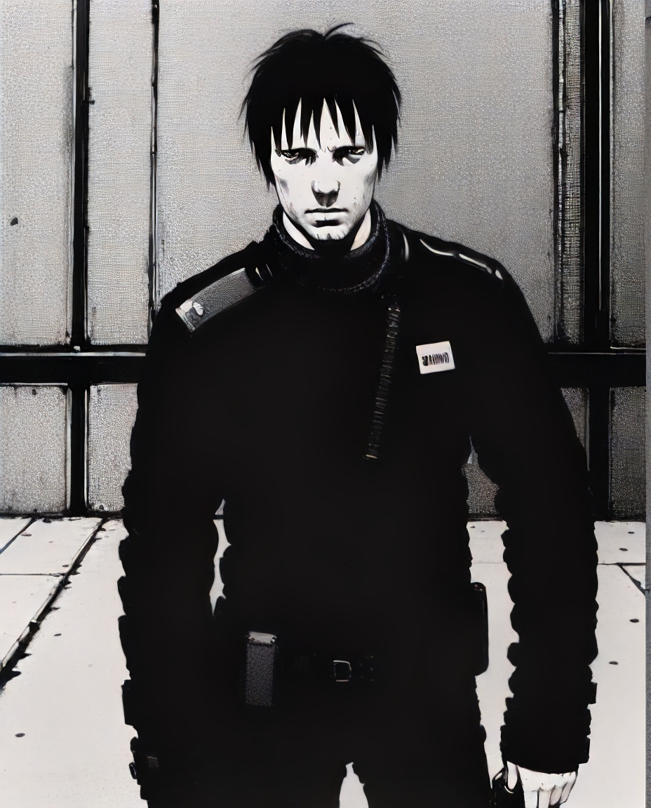 man , full body, <lora:blame5:1>blm, view, city, killy, gun in hand