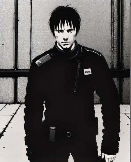 man , full body, <lora:blame5:1>blm, view, city, killy, gun in hand