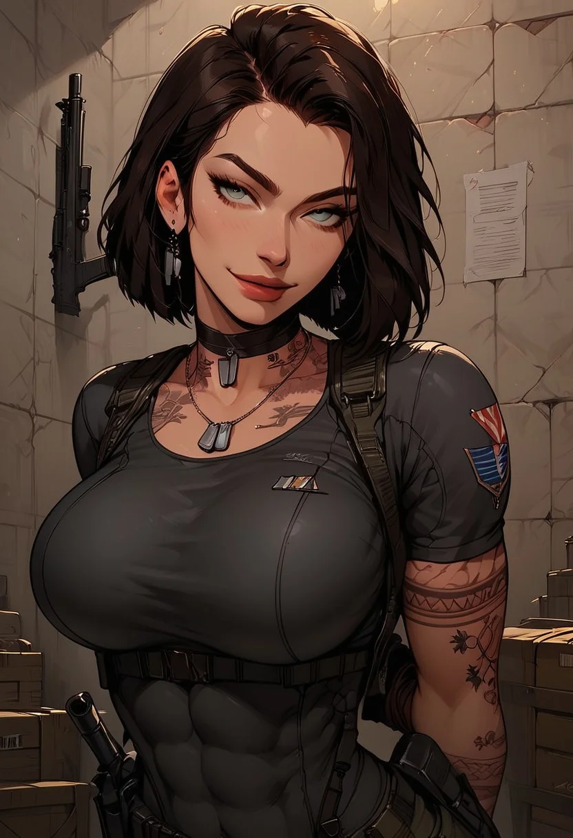 Score_9, Score8_up, Score_7_up, (((High Resolution, Best Quality))),
1girl, solo, toned arms, Covered in Tattoos, neck tattoos, hair tied up,
revealing bodysuit, tactical, military gear, large breasts, choker, dog tags, ear piece,
seducing, seductive, flirty, tender, loving, playful, looking at viewer, smug,
Leaning against wall, holding gun, inspecting gun,
inside, Military, military base, military barracks, cots, crates, military boxes, guns, bullets, supplies,