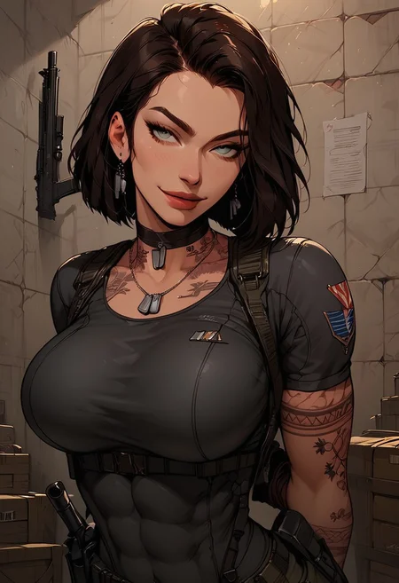 Score_9, Score8_up, Score_7_up, (((High Resolution, Best Quality))), 
1girl, solo, toned arms, Covered in Tattoos, neck tattoos, hair tied up, 
revealing bodysuit, tactical, military gear, large breasts, choker, dog tags, ear piece, 
seducing, seductive, flirty, tender, loving, playful, looking at viewer, smug, 
Leaning against wall, holding gun, inspecting gun,  
inside, Military, military base, military barracks, cots, crates, military boxes, guns, bullets, supplies,