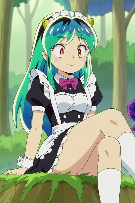 anime screencap, Enchanted forest with vibrant, glowing flora, BREAK anime screencap, Maid Outfit, Lum, light smile, oni horns, Sitting with legs crossed, <lora:Private_Urusei_Yatsura_2022_-Lum-_PDXL_v2:0.8>