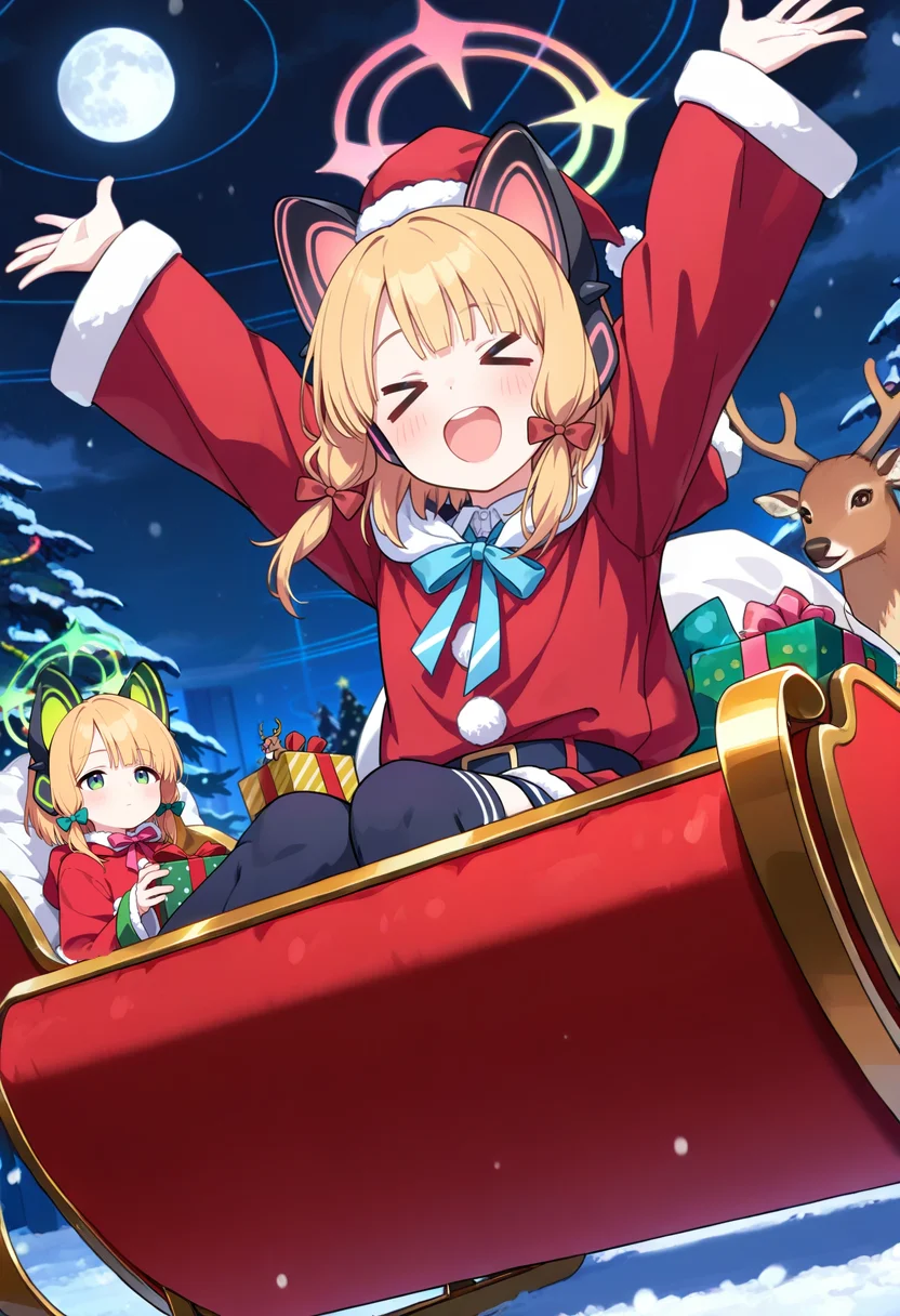 (masterpiece, best quality, high quality, good quality),2girls,santa hat,santa costume,on sleigh,gift,reindeer,deer,night,moon,giving,>_<,arms up,happy,\o/,
momoi \(blue archive\),
midori \(blue archive\),<lora:sleigh_Illust_v1:0.8>,sleigh,