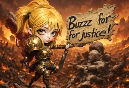 MythAn1m3, R3alisticF,
In a world of destruction and blazing hell, 1 chibi girl warrior hold a sign asking "Buzzz for justice".
She is blonde, cute and wears an armor of hope.