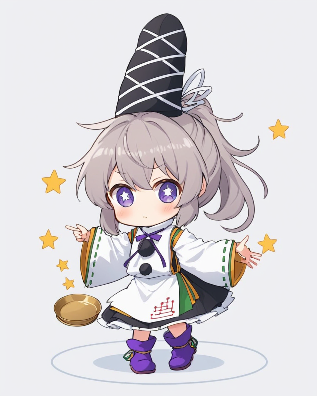 mononobe no futo,1girl, solo, pom_pom_\(clothes\), tate_eboshi, kariginu, skirt, purple_footwear, holding_plate, star_\(symbol\), full_body, chibi, ponytail, wide_sleeves, ribbon-trimmed_sleeves, ribbon, white_background, closed_mouth, long_sleeves, looking_at_viewer, boots, blush, simple_background, black_headwear
<lora:mononobe_no_futo_image4909_2023-12-20-000007:1>,star-shaped_pupils,symbol-shaped_pupils,. gorgeous,key visual, vibrant, studio anime,award-winning, professional, highly detailed,high budget, cinemascope