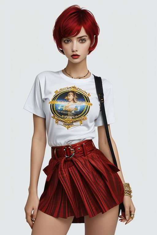 masterpiece,best quality,ultra_detailed, bellissima, 1girl ,  westwood style, haircut style pixie, miniskirt, shirt, from below, shoulder bag  ,by Ellen von Unwerth