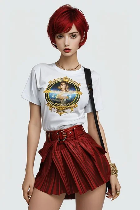 masterpiece,best quality,ultra_detailed, bellissima, 1girl ,  westwood style, haircut style pixie, miniskirt, shirt, from below, shoulder bag  ,by Ellen von Unwerth