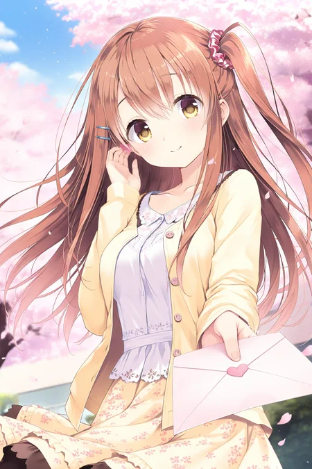 masterpiece,best quality,amazing quality,highres,scenery,newest,1girl,official style,sena, brown hair, hair ornament, long hair, hairclip, yellow eyes, bangs, one side up, hair between eyes,sena daily, dress, hairclip, scrunchie, floral print, hair scrunchie, collarbone, yellow cardigan,yellow skirt, <lora:kaokake-sena1-V4-000022:1>,outdoors,smile,looking at viewer, upper body,cherry blossoms,from below,love letter,holding letter,incoming letter,(hand on own ear), wind,(falling petals:1.2),floating hair,