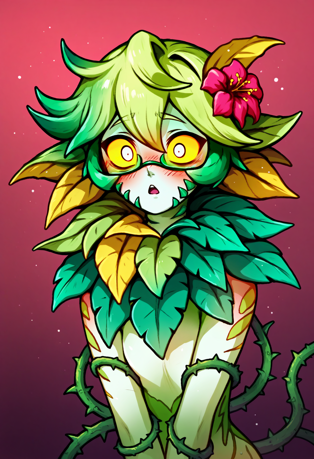 score_9, score_8_up,score_7_up, 1girl, solo, 
monster girl ,plant girl , alraune, neck gills, flower personification, bioluminescence, multicolored skin, green shades skin, foliage body, white skin spots, thorns protrusions, glowing eyes, cute face , vines, large leafs, red leafs hair, hair vines,mossy skin , leaf covered limbs,
shocked, :o, wide open eyes , blush,
gradient background
<lora:mncrm_pdxl_EliPot:1>