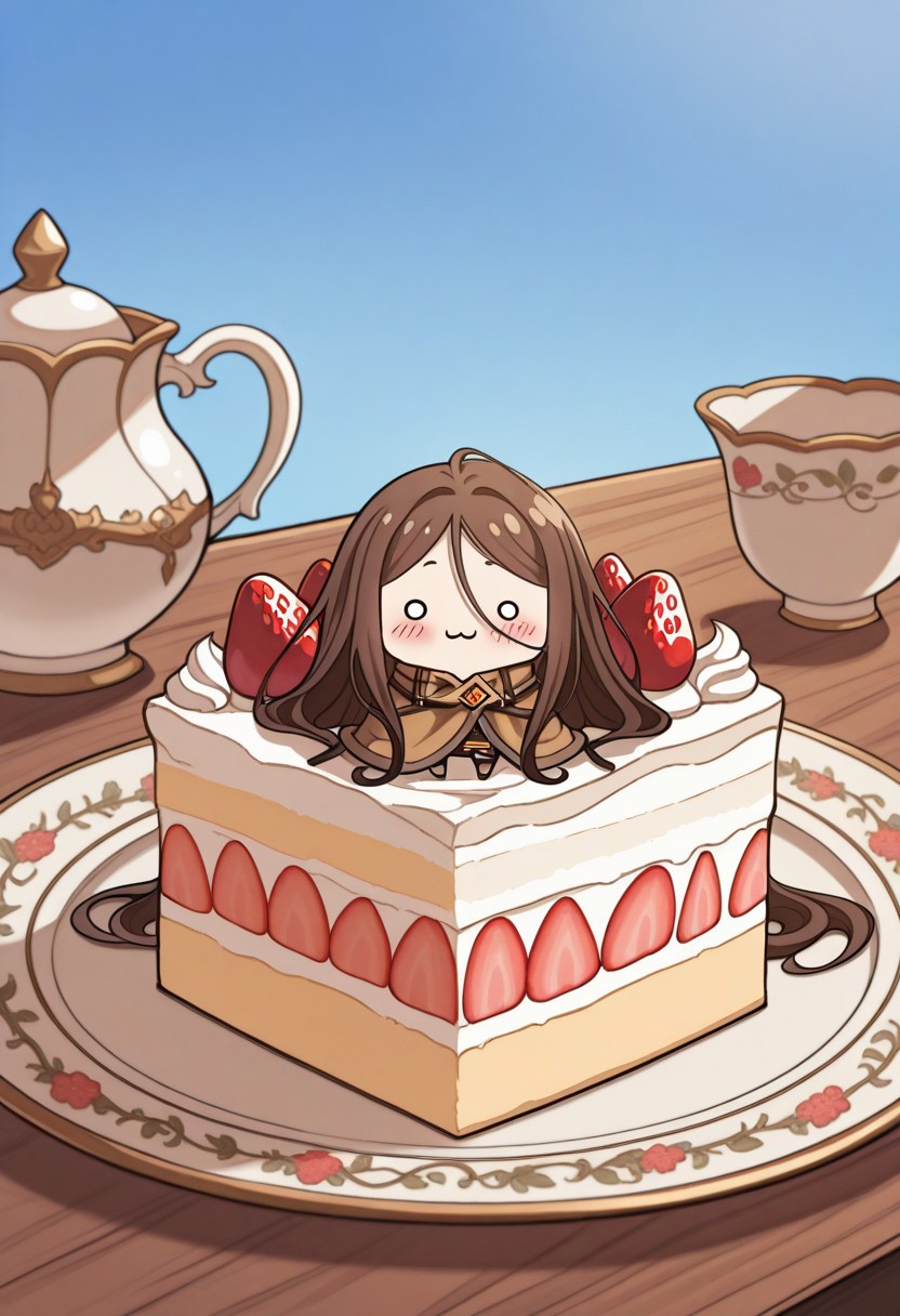 CIF-Illu, chibi, cute, table, :3. blush, Chun_Hyang, cloak, very long hair, blue sky,
delicious, cream, cake, cherry, strawberry, delicious food,
best quality, high quality, cute, highres,absurdres