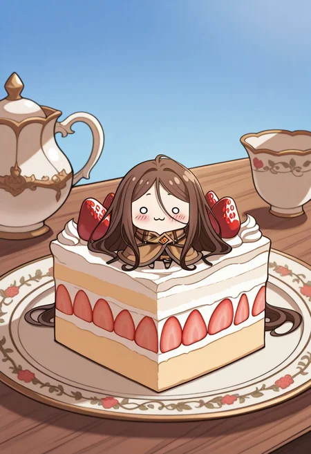 CIF-Illu, chibi, cute, table, :3. blush, Chun_Hyang, cloak, very long hair, blue sky,
delicious, cream, cake, cherry, strawberry, delicious food,
best quality, high quality, cute, highres,absurdres