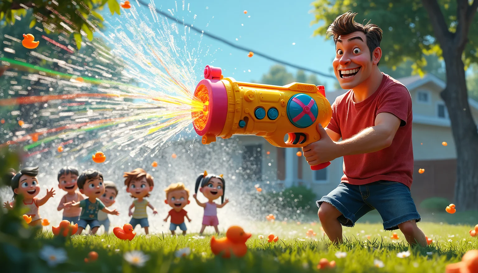 suburban backyard bursting with vibrant colors. In the foreground, an enthusiastic dad with a cartoonishly exaggerated grin stands proudly wielding a comically oversized, neon-colored water gun. His stance is heroic, legs apart, one eye squinted as he takes aim. The water gun is almost as big as he is, covered in wacky dials, pressure gauges, and blinking lights.