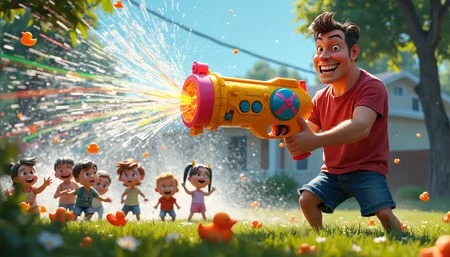 suburban backyard bursting with vibrant colors. In the foreground, an enthusiastic dad with a cartoonishly exaggerated grin stands proudly wielding a comically oversized, neon-colored water gun. His stance is heroic, legs apart, one eye squinted as he takes aim. The water gun is almost as big as he is, covered in wacky dials, pressure gauges, and blinking lights.