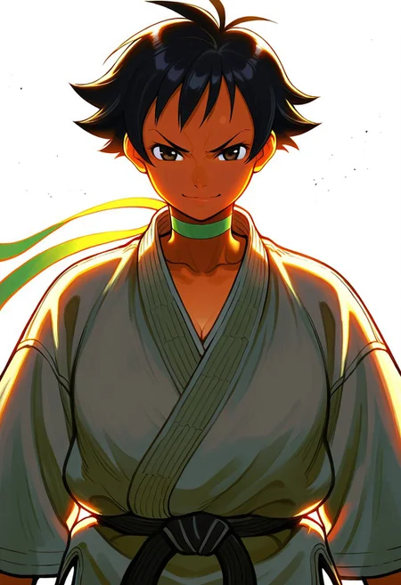 masterpiece,best quality,amazing quality,, score_9, score_8_up, score_7_up, soft lighting, dramatic lighting, (backlighting:1.7), sexy, SFMakoto, Black hair, short hair, tan, ribbon choker, choker, dougi, tomboy, looking at viewer, smile, serious, simple background