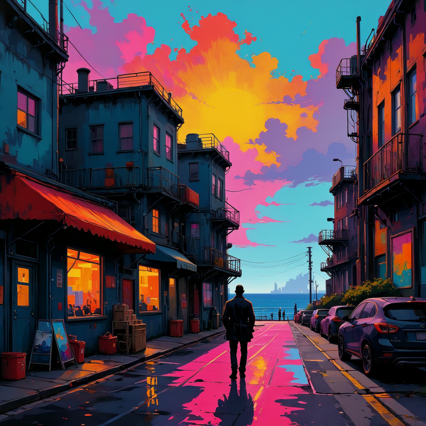 A painting. A vibrant scene along a city street by the ocean. Industrial silhouette. Fashionable.

<lora:PopArt01a_CE_XL_300-OT:0.6> popartCE_style