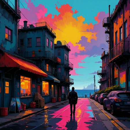 A painting. A vibrant scene along a city street by the ocean. Industrial silhouette. Fashionable.
<lora:PopArt01a_CE_XL_300-OT:0.6> popartCE_style