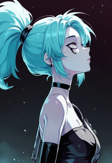 masterpiece,best quality,newest,absurdres,highres,very aesthetic, zzEmber, ponytail, aqua hair, grey skin, goth, rafaelsketchart, choker, armor, looking up, from side, upper body, stoic, unholy-aesthetic