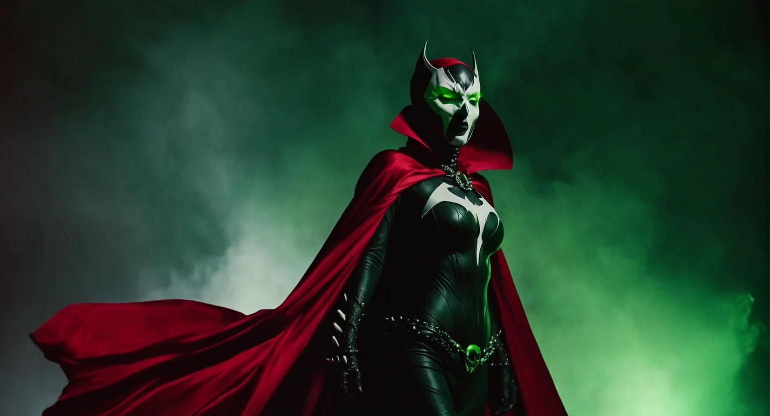 Dark Fantasy Art of (Cinematic Film stock footage style) in (arri alexa style) (Kodak film print style),
<lora:Spawn:1>
Spawn a woman in a living symbiotic costume with a red cape and a black and white mask and green glowing eyes, dark, moody, dark fantasy style