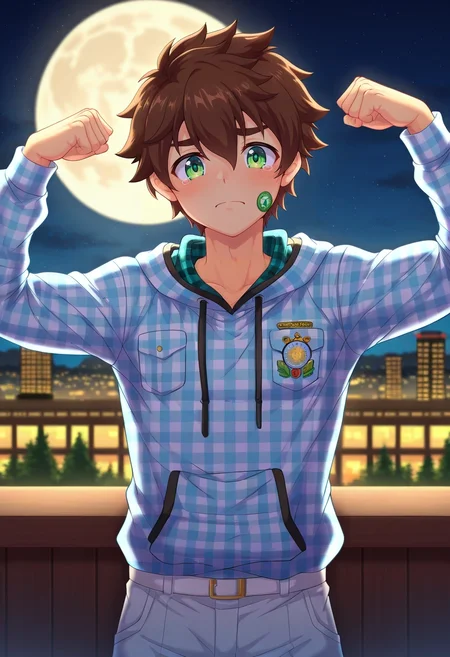 masterpiece, best quality, intricate details, , looking at viewer, depth of field, 1boy, solo, male focus, <lora:keitaro_nagame_ilxl:0.98>, keitaro_nagame, brown hair, green eyes, short hair, , uniform, upper body, treetops city, night, full moon, flexing, tearing up, Light blue Gingham Dress pants, Amethyst Barkcloth Tie-dye Plaid flannel hoodie, , , Face Scarf (Neck Gaiter)