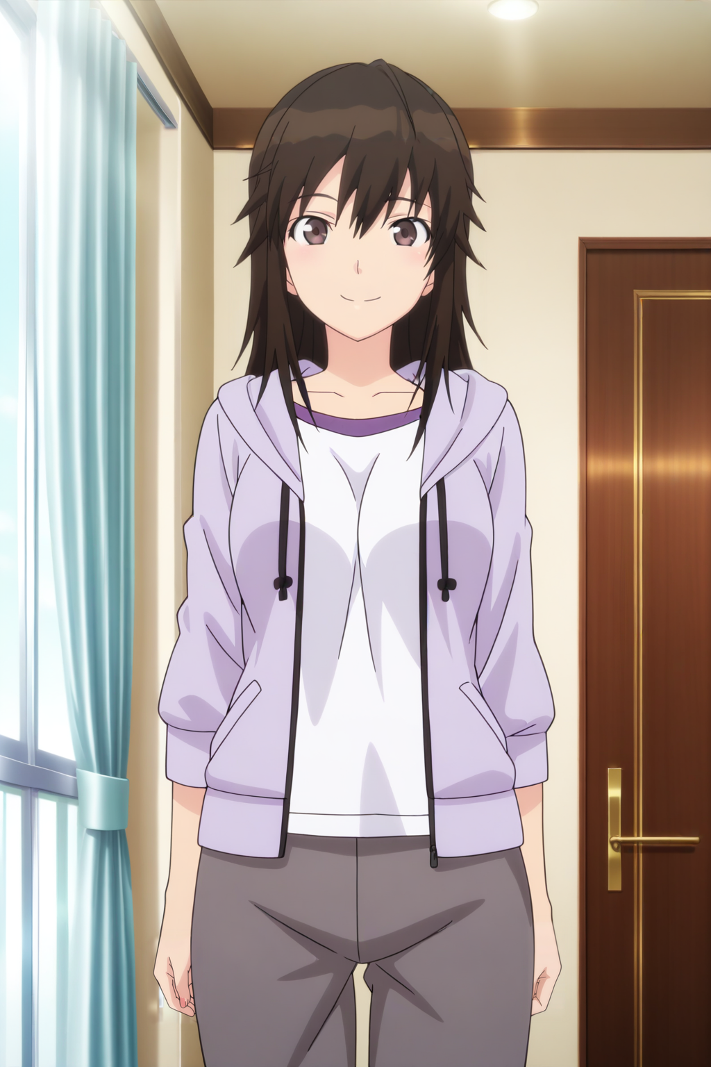 anime screenshot, miyamae tooru, 1girl, solo, black hair, long hair, brown eyes, medium breasts, purple jacket, purple hoodie, hooded jacket, open jacket, white shirt, t-shirt, long sleeves, raglan sleeves, grey pants, looking at viewer, smile, cowboy shot, indoors, window, curtains, masterpiece, best quality, high quality, highres, absurdres, <lora:miyamae_tooru_ILXL:0.9>