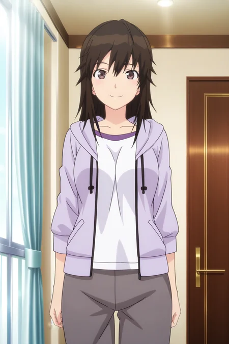 anime screenshot, miyamae tooru, 1girl, solo, black hair, long hair, brown eyes, medium breasts, purple jacket, purple hoodie, hooded jacket, open jacket, white shirt, t-shirt, long sleeves, raglan sleeves, grey pants, looking at viewer, smile, cowboy shot, indoors, window, curtains, masterpiece, best quality, high quality, highres, absurdres, <lora:miyamae_tooru_ILXL:0.9>