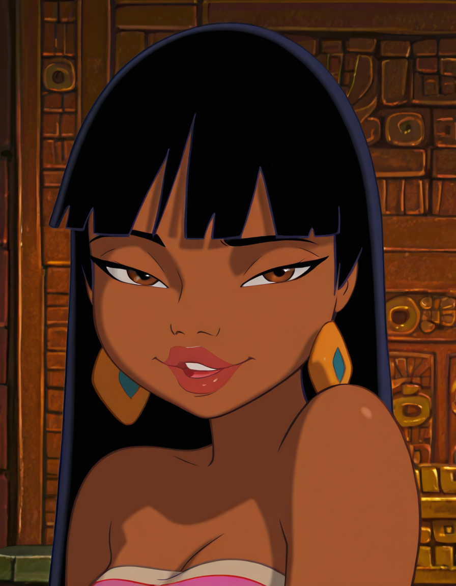 <lora:ChelIllustrious1.0JLFO-000005:1> chel, 1girl, black hair, jewelry, dark skin, earrings, long hair, dark-skinned female, strapless, tube top, bare shoulders,  bangs, breasts, smile,lips,  looking at viewer, half-closed eyes,