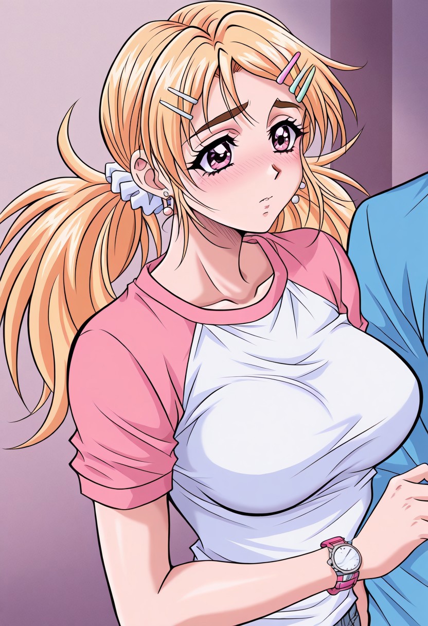 masterpiece, best quality, newest, highres, uncensored, 1girl, yokota mamoru style,1girl,
Yamazaki Kanna，Blonde Hair, Long Hair, Parted to Side, Shoulder-length Hair, Twin Tails, Tareme eyes,pink eyes, Slim
1girl, hair ornament, hairclip, twintails, blush, jewelry, earrings, raglan sleeves, watch, 1boy, solo focus, brown eyes, breasts, scrunchie, hetero