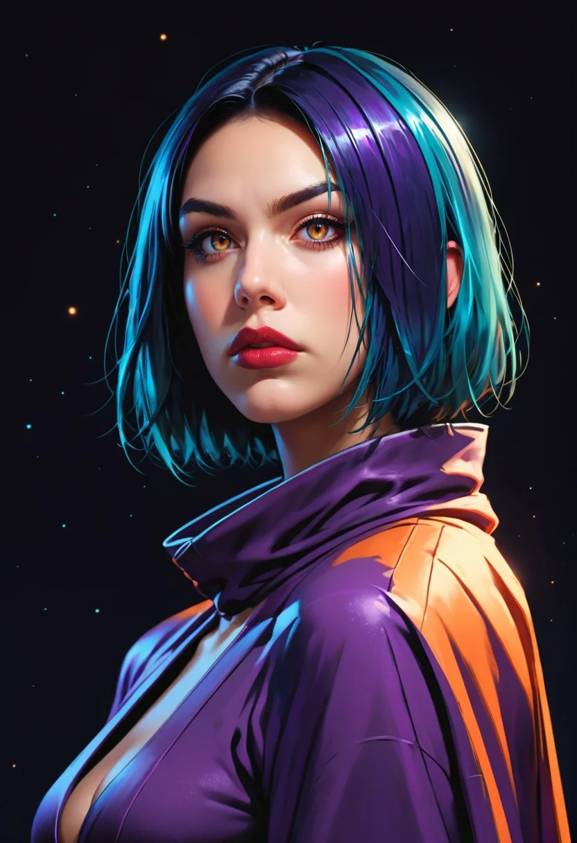 <lora:g0th1cPXL:0.5>g0th1c<lora:TradingCardsPonyXL:0.65>dsktrdcardxl,score_9, score_8_up, score_7_up, score_6_up, solo, source_comic, comic book art, fantasy art, Lenticular, dark and dim, Low Angle, (side view perspective), a woman, (ninja:1.1) woman, with dark black ,blue hair, deep ultraviolet ,metal eyes, detailed eyes, with a high collar cyber (Samurai:1.1) jacket, Large linen cape ,super detailed, background is amber , surrounded by a detailed spacescape with translucent dark-amber Highlights, stunning lighting, detailed, highly vibrant, detailed, masterpiece, highly detailed, high quality, score_5_up, score_4_up,