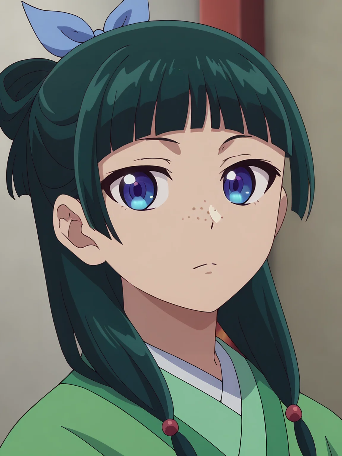 <lora:Maomao_Character:0.8>maomao, 1girl, solo, blue eyes, freckles, dark green hair, twin braids, blunt bangs, hair tie, blue hair bow, green kimono, neutral expression, closed mouth, looking at viewer