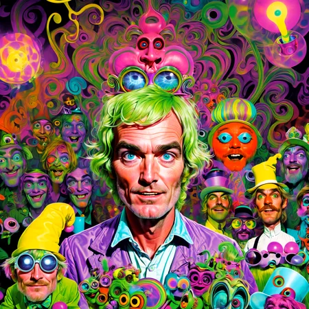 timothy leary and the pranksters close up portrait in wonderland, crazy eyes, at a acid test party,in style of(bangerooo:1.15), 2d,