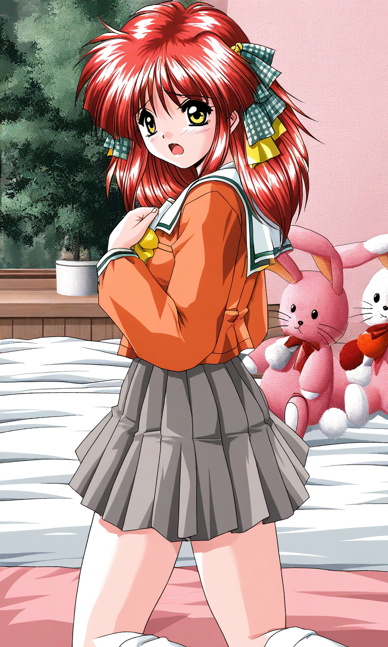 general,highres, ultra-detailed,very aesthetic,best quality ,best hands, BREAK <lora:Kisaragi_Hina_Akumu_AoiKajitsunoSange_IS:1>
Kisaragi_Hina, 1girl, solo, red hair,  medium hair, yellow eyes, hair ribbon, small breasts,
rabbit, stuffed toy, open mouth, short,
embarrassed, orange school uniform, ribbon, white+gray skirt, outdoors,hands on own chest,, check skirt, plaid bow, long sleeves, serafuku, 
bed room, sheet, bed,