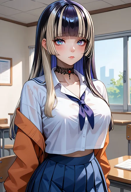 score_9,score_8_up,score_7_up, <lora:juufuutei_raden_hololive_pdxl_goofy:1>jufuraiden, 1girl, virtual youtuber, multicolored hair, solo, breasts, large breasts, skirt, long hair, school uniform, looking at viewer, choker, pleated skirt, streaked hair, indoors, two-tone hair, alternate costume, shirt, blunt bangs, black choker, sidelocks, blush, long sleeves