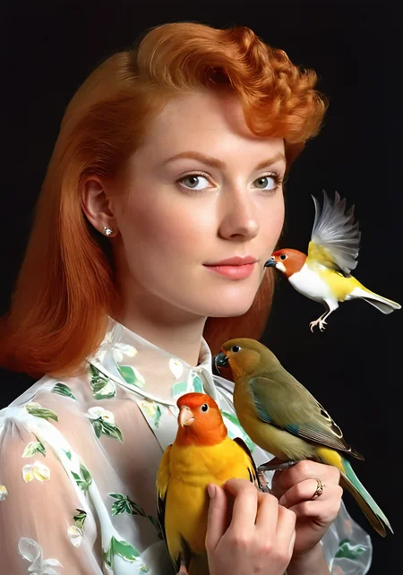 a portrait of a pretty ginger woman holding a bird, double exposure effect, a80psdxl, dark background, <lora:a80psdxl:0.7>, 1980s \(style\)