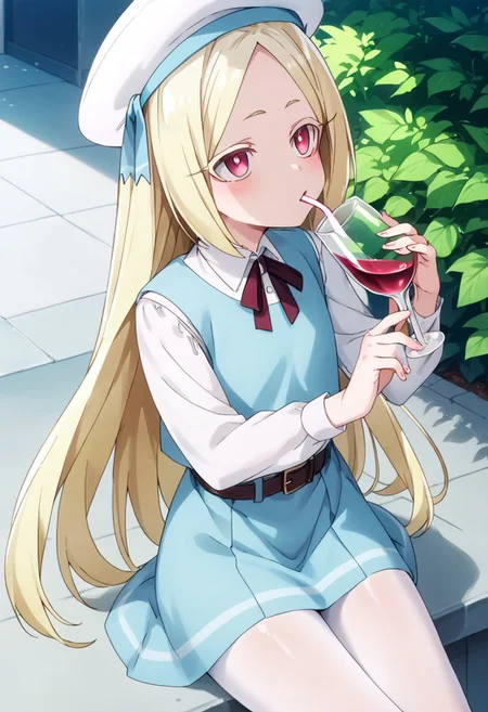score_9, score_8_up, score_7_up, score_6_up, korisu, long_hair, blonde_hair, neck_ribbon, beret, collared_shirt, white_shirt, blue_vest, white_pantyhose, belt, pink_eyes, drinking, holding wine bottle, wine flows down the body