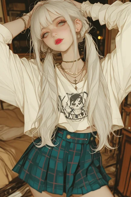 best quality, masterpiece, very awa, absurdres, <lora:nhl-001:0.3>, nhl-001, <lora:noobai_ep11_stabilizer_v0.114_fp16:0.3>,
1girl, an anime lady in an art style with bleached hair and lipstick, 1girl, solo, jewelry, skirt, twintails, long hair, earrings, bangs, necklace, plaid skirt, looking at viewer, White hair, long cute eyelashes, bowing her head, emo clothes, dynamic angle, blurry effect, dust <lora:haku_geroda:0.3> <lora:USNR_STYLE_ILL_V1_lokr3:1>