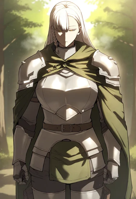 score_9, score_8_up, score_7_up, score_6_up, source_anime, rating_explicit, 1girl, solo, huge breasts, <lora:Justia prefectPonyxl:1> long hair, white hair, side braid, yellow eyes, single braid, colored eyelashes, armor, cape, green cloak, plate armor, breastplate, belt, gauntlets, expressionless, Narrow shoulders, heavy breathing, steaming body, forest, outdoors, standing