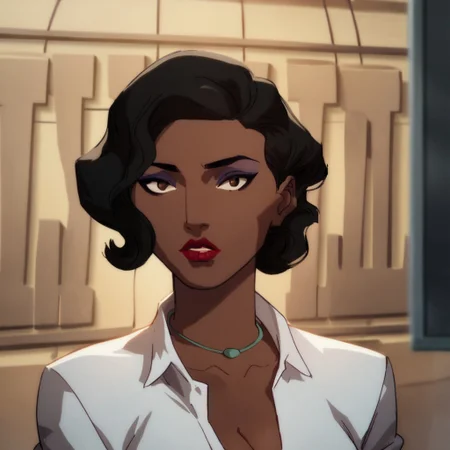 score_9, score_8_up, score_7_up, 1girl, solo, lipstick, makeup, black hair, short hair, dark skin, brown eyes, necklace, jewelry, cleavage, white shirt, CatGrantDC, looking at viewer