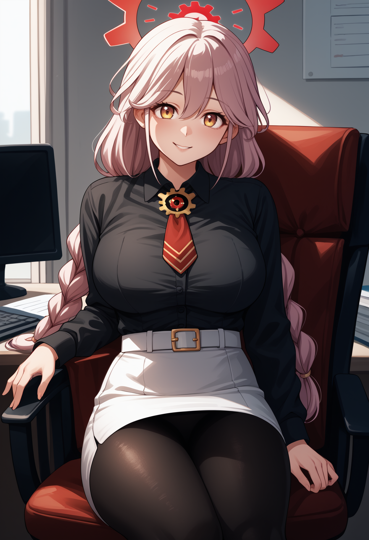 score_9, score_8_up, score_7_up, source_anime, <break> solo, 1girl, tomodef, smile, looking at viewer, sitting, swivel chair, twin braids, halo, black shirt, collared shirt, red necktie, long sleeves, white skirt, pencil skirt, white belt, black pantyhose, large breasts, indoors, office
<segment:yolo-face_yolov8m.pt,0.4,0.5//cid=1>