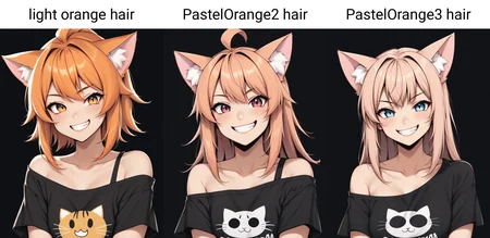 1girl, cute, cat ears, toothy grin, t-shirt, off-shoulder, light orange hair, black background