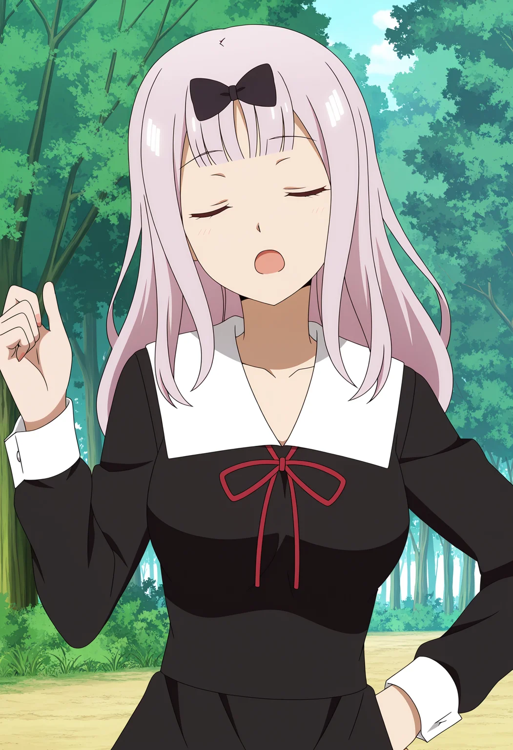<lora:Chika FUJIWARA_illustrious-000012:1>,
Chika FUJIWARA,school uniform,closed eyes,bow,solo,black bow,tree,open mouth,ribbon,red ribbon,long sleeves,breasts,black dress,dress,outdoors,collarbone,anime coloring,hand on own hip,neck ribbon,day,upper body,hand up,forest,nature,anime screencap,