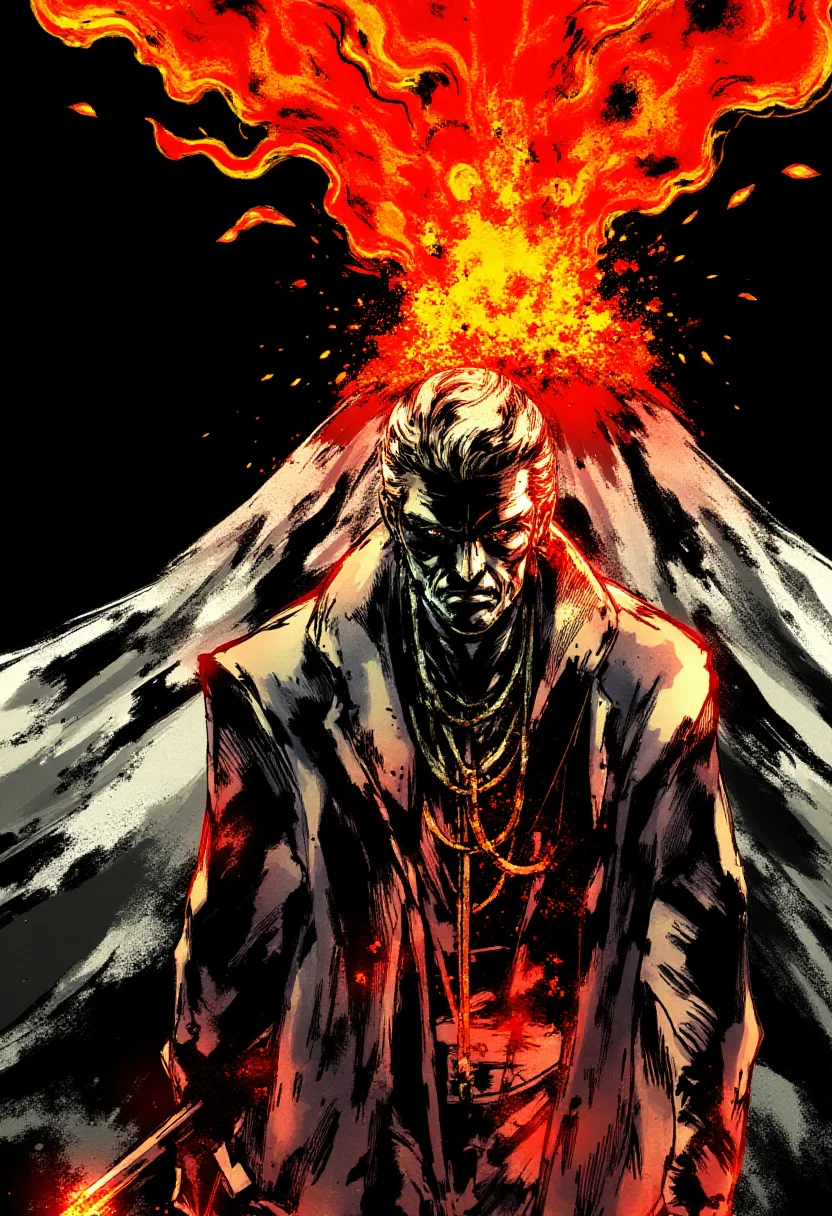 <lora:Yoji_Shinkawa_Style_FLUX-000012:0.9>
This is a digital illustration in a manga-inspired, dark, and gritty yshinkawa style. The artwork features   a volcano erupting