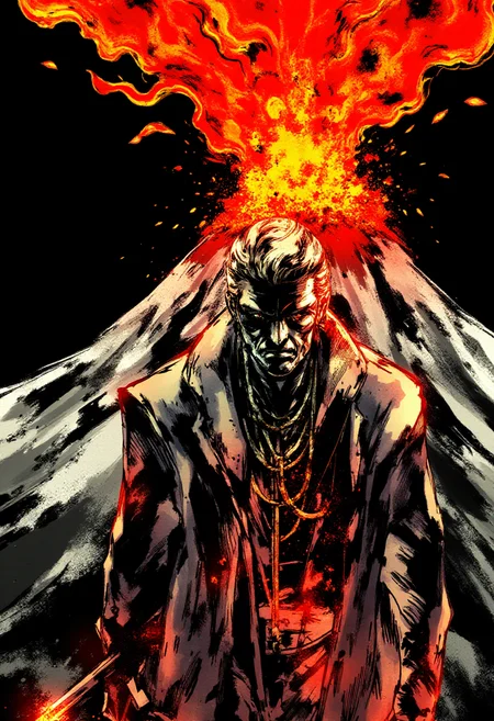 <lora:Yoji_Shinkawa_Style_FLUX-000012:0.9>
This is a digital illustration in a manga-inspired, dark, and gritty yshinkawa style. The artwork features a volcano erupting