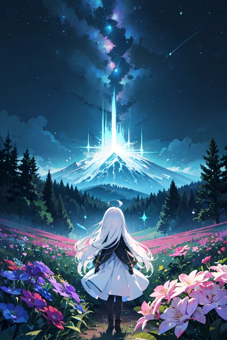 (masterpiece), 1girl, (absurdly long hair:1.2), ahoge, white hair, blue eyes, pale skin, expressionless, flat chest, from back, white dress, forest, scenery, fantasy, crystals, light particles, glowing, flower, flower fields, night, star, milkyway, nebular, cowboy shot