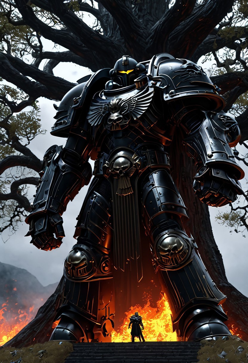 A great, imposing warrior, wearing dark armor, Warhammer 40k style, standing in front of a great dark tree, a gate at the root, glowing light, flames in the background, cloudy sky, moody light, by H.R Giger, 4k resolution digital art trending on Artstation and unreal engine 5, hyperrealism, full body shot, glowing eyes, cinematic, epic, masterpiece, surreal, fantasycore, hyperdetailed, ultra realistic, octane render, volumetric lighting, depth of field, bokeh, 8 <lora:Details:0.85>