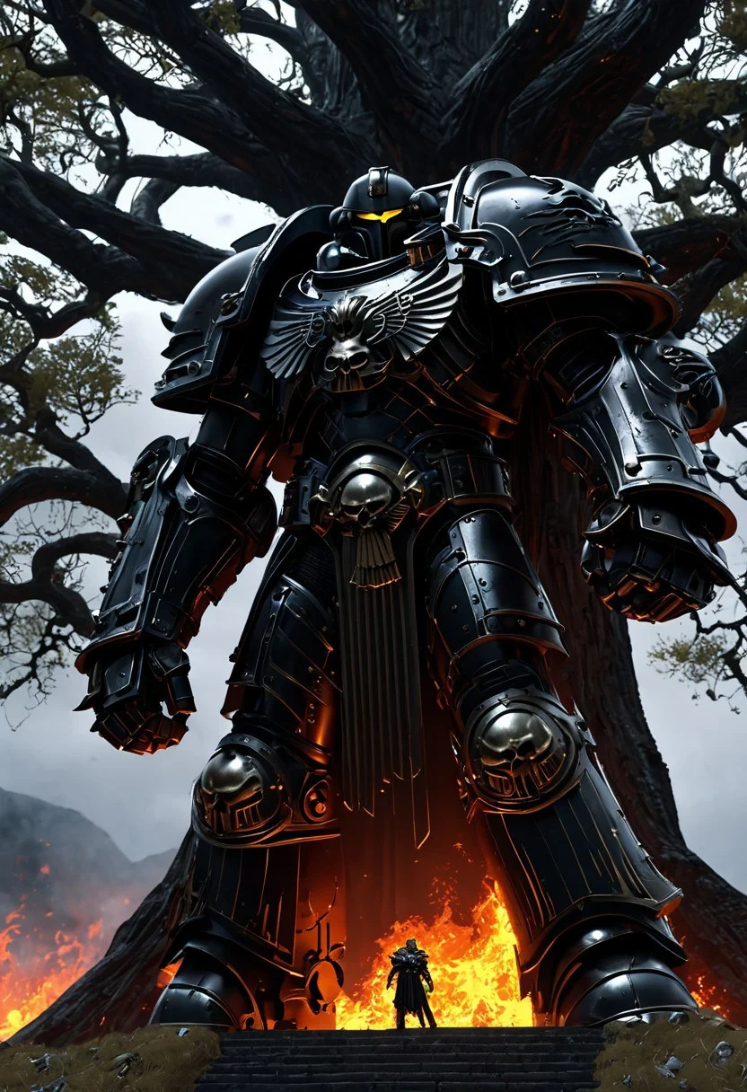 A great, imposing warrior, wearing dark armor, Warhammer 40k style, standing in front of a great dark tree, a gate at the root, glowing light, flames in the background, cloudy sky, moody light, by H.R Giger, 4k resolution digital art trending on Artstation and unreal engine 5, hyperrealism, full body shot, glowing eyes, cinematic, epic, masterpiece, surreal, fantasycore, hyperdetailed, ultra realistic, octane render, volumetric lighting, depth of field, bokeh, 8 <lora:Details:0.85>