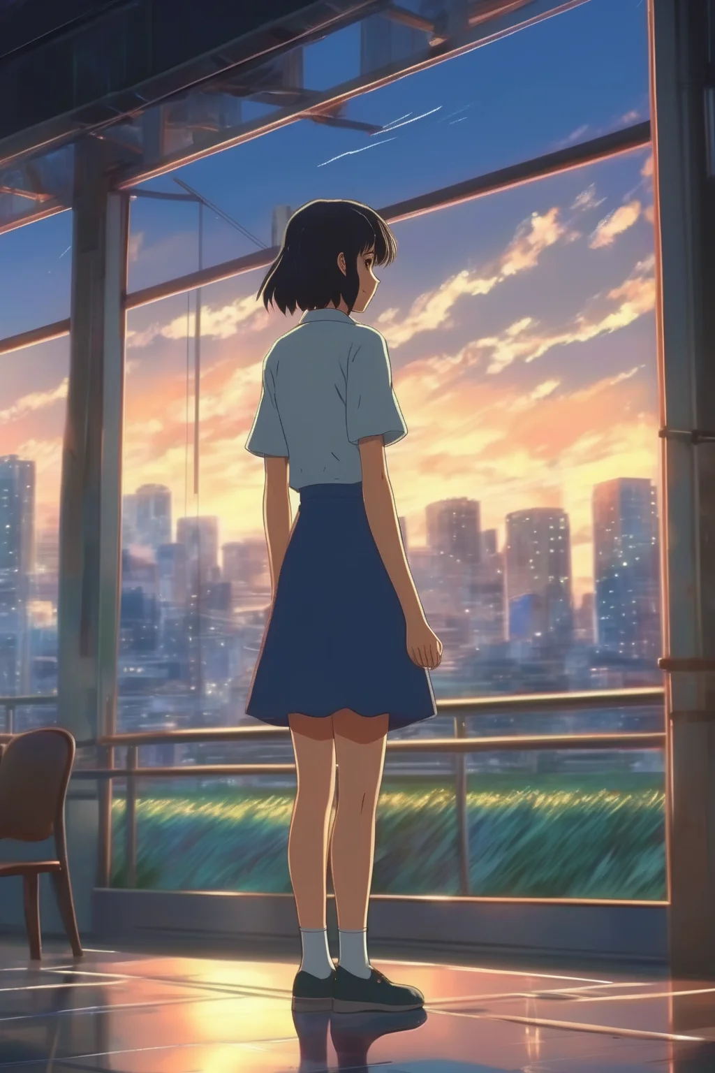 <lora:Makoto Shinkai Style:1>Makoto Shinkai Style - Please write a heroine in the style of director Makoto Shinkai's works. The art style should resemble that of the 1990s.
