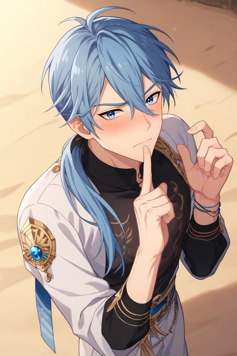 score_9, score_8_up, score_7_up, , rating_safe, , anime screencap, , , , depth of field, 1boy, solo, male focus, <lora:edmond_nu_carnival_pony:0.92>, edmond_nu_carnival, blue hair, blue eyes, long hair, hair between eyes, ponytail, from above, sahara desert, dawn, index finger raised, embarrassed, nose blush, , <lora:sdxl_lightning_8step_lora:1>