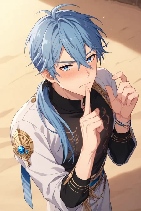 score_9, score_8_up, score_7_up, , rating_safe, , anime screencap, , , , depth of field, 1boy, solo, male focus, <lora:edmond_nu_carnival_pony:0.92>, edmond_nu_carnival, blue hair, blue eyes, long hair, hair between eyes, ponytail, from above, sahara desert, dawn, index finger raised, embarrassed, nose blush, , <lora:sdxl_lightning_8step_lora:1>