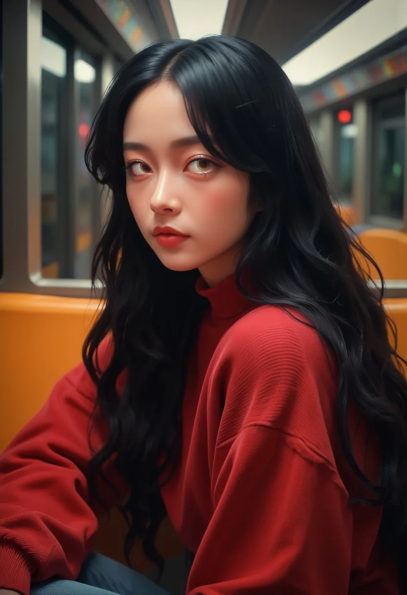 vantablack, bailing_fire, A breathtaking cinematic portrait of a youthful and elegant woman seated gracefully in a modern subway car. Her long, flowing hair cascades in soft waves, transitioning from a rich black base to luminous platinum blonde at the tips, catching the subtle interplay of light. She wears a snug, chic red sweater, its texture rich and cozy, complementing her delicate features and adding warmth to the scene. Her youthful face glows with smooth, radiant skin, sparkling eyes full of curiosity, and a serene, captivating smile that exudes confidence and charm. The warm, ambient lighting enhances the soft tones of her complexion, contrasting beautifully with the sleek metallic walls and vibrant orange seats of the subway car. The blurred background creates a dreamy, aesthetic atmosphere, while intricate details in her hair, attire, and posture evoke a sense of refined beauty and modern sophistication.